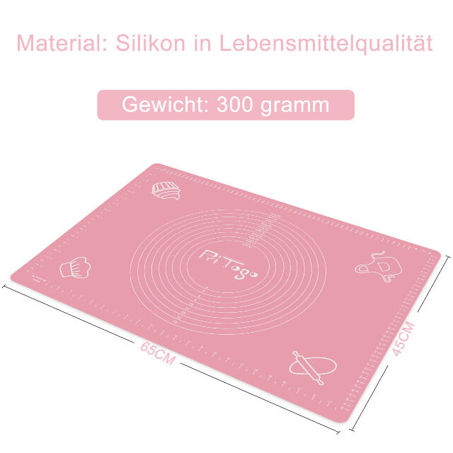 Backmatte (65 x 45 cm Rosa) Silikonmatte mit Skala Backunterlage Teigmatte Rollmatte - Antihaft extra stabil rutschfest