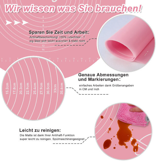 Backmatte (65 x 45 cm Rosa) Silikonmatte mit Skala Backunterlage Teigmatte Rollmatte - Antihaft extra stabil rutschfest