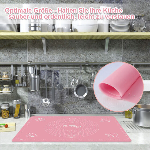 Backmatte (65 x 45 cm Rosa) Silikonmatte mit Skala Backunterlage Teigmatte Rollmatte - Antihaft extra stabil rutschfest
