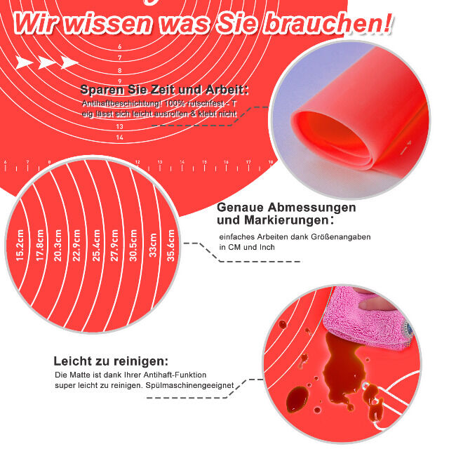 Backmatte (65 x 45 cm Rot) Silikonmatte mit Skala Backunterlage Teigmatte Rollmatte - Antihaft extra stabil rutschfest