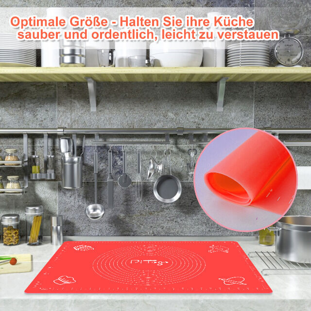 Backmatte (65 x 45 cm Rot) Silikonmatte mit Skala Backunterlage Teigmatte Rollmatte - Antihaft extra stabil rutschfest