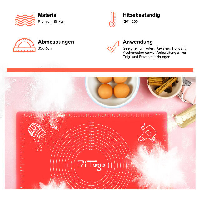 Backmatte (65 x 45 cm Rot) Silikonmatte mit Skala Backunterlage Teigmatte Rollmatte - Antihaft extra stabil rutschfest