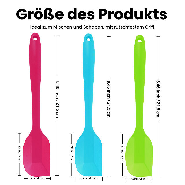 Pritogo Teigschaber-Set 3-teilig (21,5cm) Silikonspatel Teigspachtel Backzubehör mit Metallkern bis 220° BPA-frei (Blau Grün Pink)