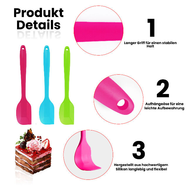Pritogo Teigschaber-Set 3-teilig (21,5cm) Silikonspatel Teigspachtel Backzubehör mit Metallkern bis 220° BPA-frei (Blau Grün Pink)