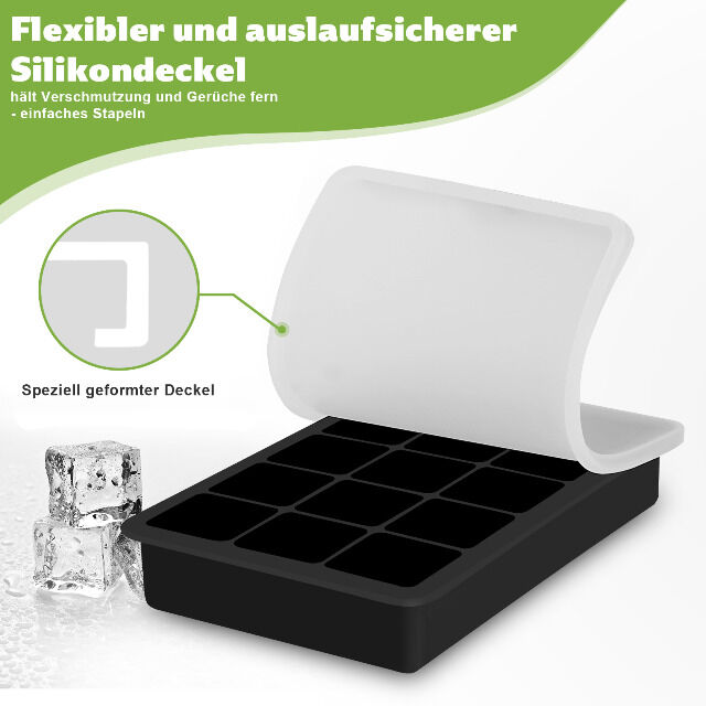 Silikon Eiswürfelform 1er Pack mit Deckel, BPA-Frei, stapelbar 500ml 3,3x 3,3x 3,3cm Eiswürfelgröße lebensmittelecht 