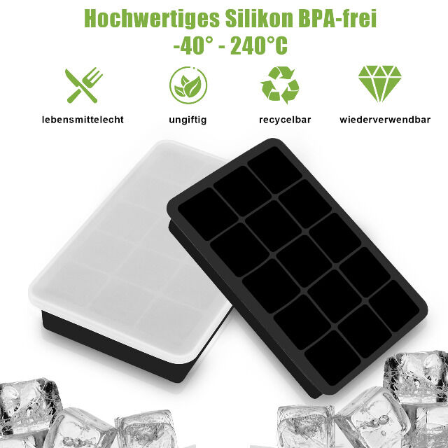 Silikon Eiswürfelform 1er Pack mit Deckel, BPA-Frei, stapelbar 500ml 3,3x 3,3x 3,3cm Eiswürfelgröße lebensmittelecht 