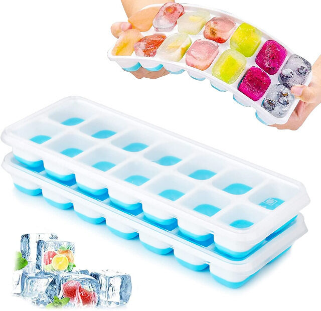 Silikon Eiswürfelform mit Deckel (2 Stück) 14-fach Silikon Eiswürfelbehälter BPA-Frei Grün/Blau Stapelbar Ice Cube 