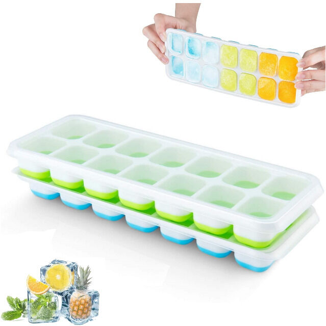 Silikon Eiswürfelform mit Deckel (2 Stück) 14-fach Silikon Eiswürfelbehälter BPA-Frei Grün/Blau Stapelbar Ice Cube 