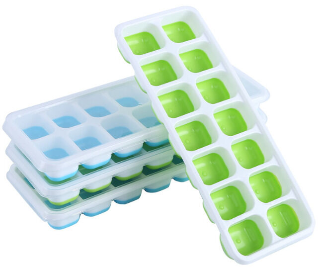 Silikon Eiswürfelform mit Deckel (4 Stück) 14-fach Silikon Eiswürfelbehälter BPA-Frei Grün/Blau Stapelbar Ice Cube 