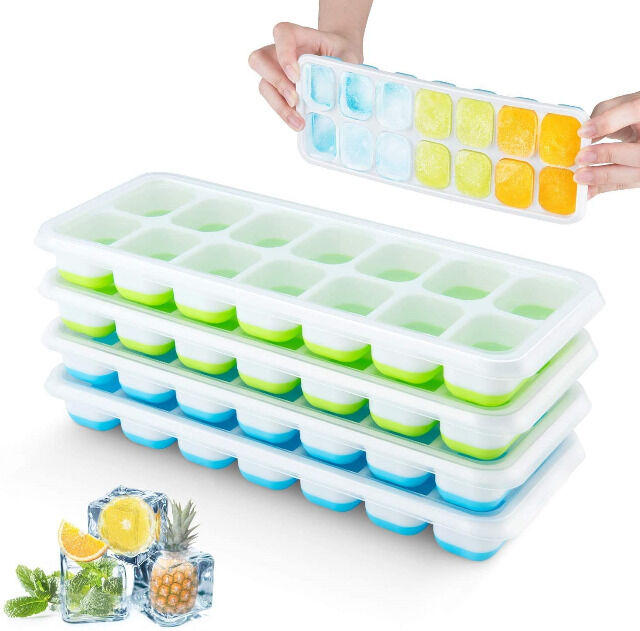 Silikon Eiswürfelform mit Deckel (4 Stück) 14-fach Silikon Eiswürfelbehälter BPA-Frei Grün/Blau Stapelbar Ice Cube 