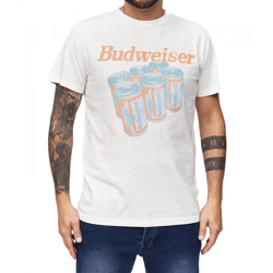 RE:COVERED X BUDWEISER Men's T-Shirt with Large Six-Pack Print, Cotton Shirt, Short-Sleeve Shirt, MMABI403, Ecru-White