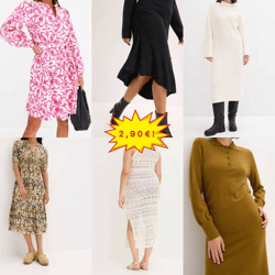 €2.90 each: Assorted shift dresses, Category A, sizes 32–54, spring/summer/fall, minimum order of 20 pieces, available immediately from stock
