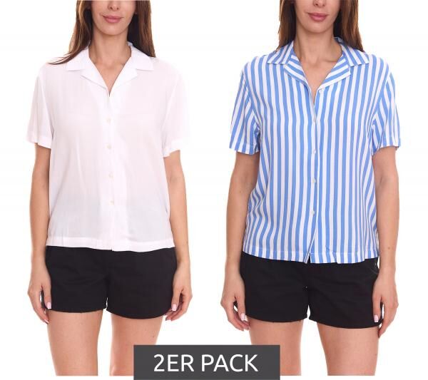 2er Pack AjC Blusen luftige Damen Hemd-Blusen in zwei Farben mit Knopfleiste Blau/Wei&szlig;