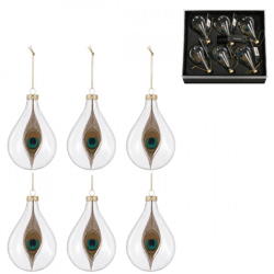 J-Line Weihnachtskugeln mit Pfauenfeder, 11 cm, 6 Stück