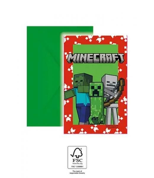 Minecraft - 6 Einladungskarte mit Umschlag