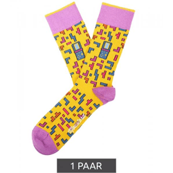 1 Paar Moustard Tetris Baumwoll-Socken mit Allover-Print im Retro-Gameplay Design gemusterte lange Strümpfe 22S-TETRIS Gelb/Blau/Rosa/Lila