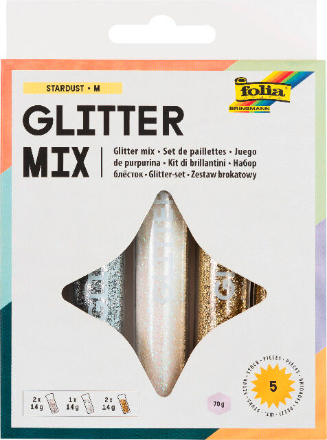FOLIA - Glitter Mix STARDUST "M"-5 Tuben &agrave; 14g, 2xgold, 2xsilber, 1xwei&szlig; irisierend