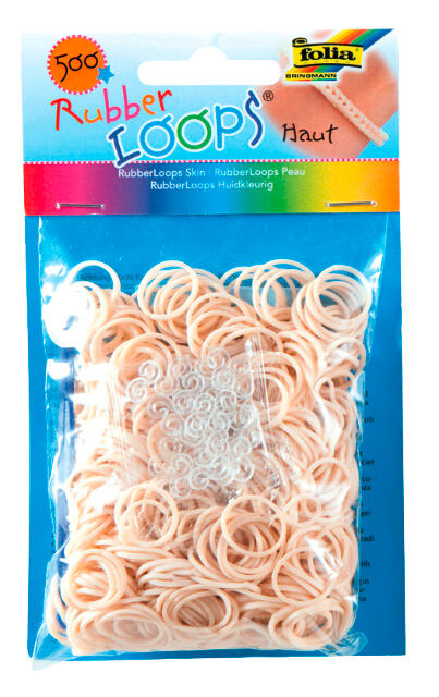 FOLIA - Rubber Loops HELLBEIGE-500 Stück, 25 S-Klipse, 1 Häkelnadel