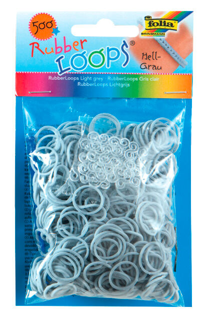 FOLIA - Rubber Loops HELLGRAU-500 Stück, 25 S-Klipse, 1 Häkelnadel