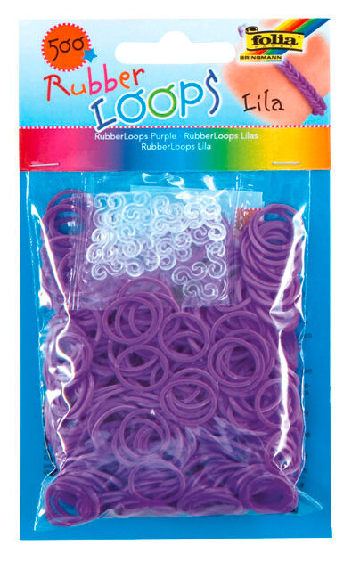 FOLIA - Rubber Loops LILA-500 Stück, 25 S-Klipse, 1 Häkelnadel