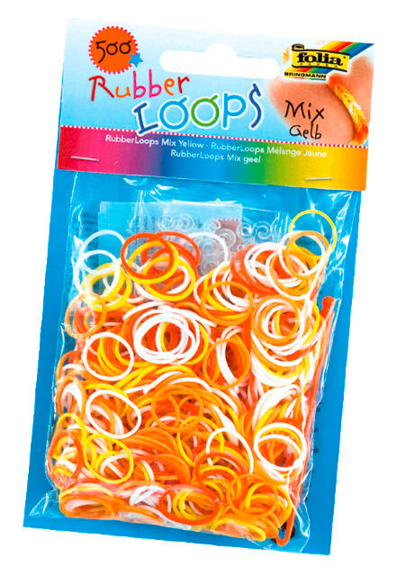 FOLIA - Rubber Loops MIX GELB-500 Stück, 25 S-Klipse, 1 Häkelnadel