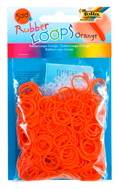 FOLIA - Rubber Loops ORANGE-500 Stück, 25 S-Klipse, 1 Häkelnadel