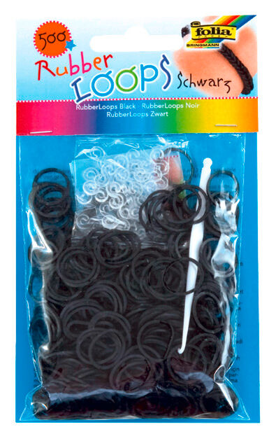 FOLIA - Rubber Loops SCHWARZ-500 Stück, 25 S-Klipse, 1 Häkelnadel