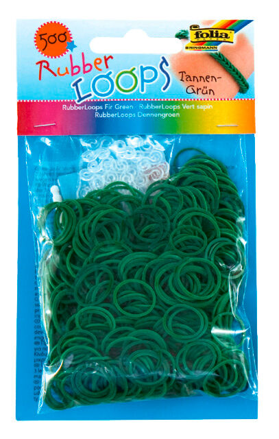 FOLIA - Rubber Loops TANNENGRÜN-500 Stück, 25 S-Klipse, 1 Häkelnadel
