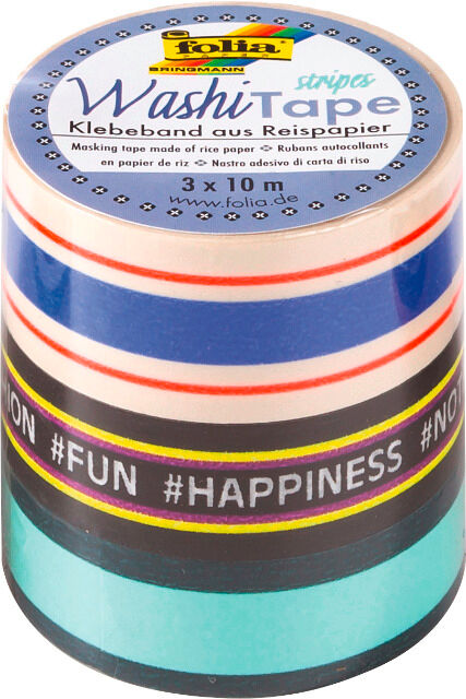 FOLIA - Washi Tape, Set of 3: STRIPES NEON I—1 roll 20 mm x 10 m + 2 rolls 15 mm x 10 m