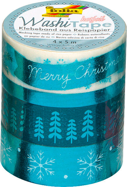 FOLIA - Washi Tape, Set of 4, HOTFOIL ICE BLUE—3 x 15 mm x 5 m + 1 x 5 mm x 5 m
