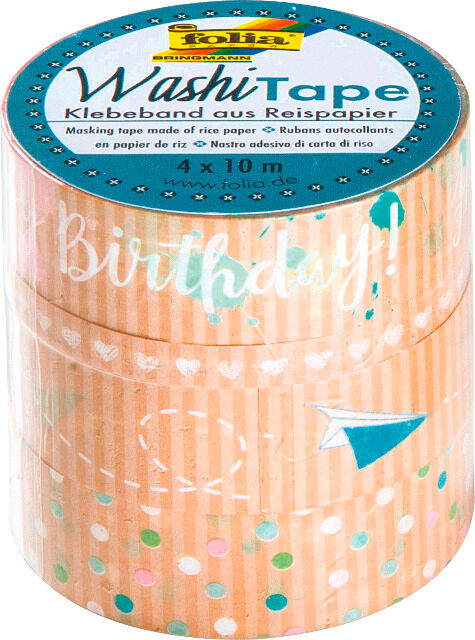 FOLIA - Washi-Tape 4er Set KRAFTPAPIER HAPPY BIRTHDAY-3x 15mmx10m + 1x 5mmx10m