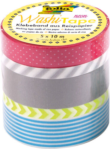 FOLIA - Washi-Tape 5er Set NEON GELB-2x 15mmx10m + 1x 10mmx10m + 2x 5mmx10m
