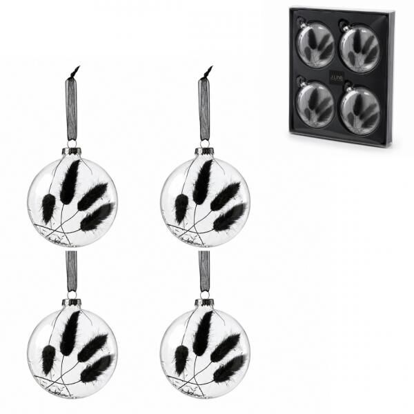 J-Line Weihnachtskugeln aus Glas mit Trockenzweig, schwarz, 10 cm, 4er-Set