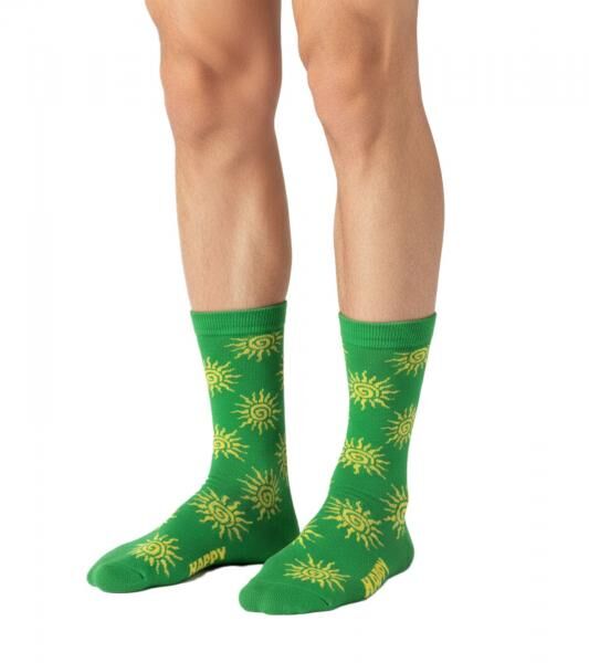 1 Paar Happy Socks Sun Herren Socken mit Sonnen-Allover-Print Baumwoll-Socken Alltags-Str&uuml;mpfe P002607 Gr&uuml;n/Gelb