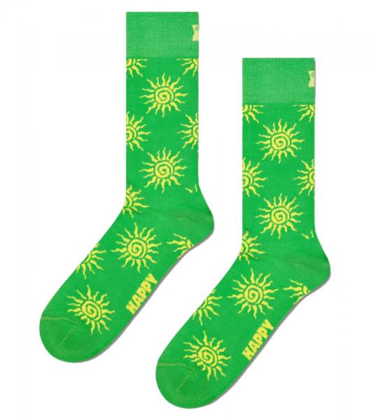 1 Paar Happy Socks Sun Herren Socken mit Sonnen-Allover-Print Baumwoll-Socken Alltags-Str&uuml;mpfe P002607 Gr&uuml;n/Gelb