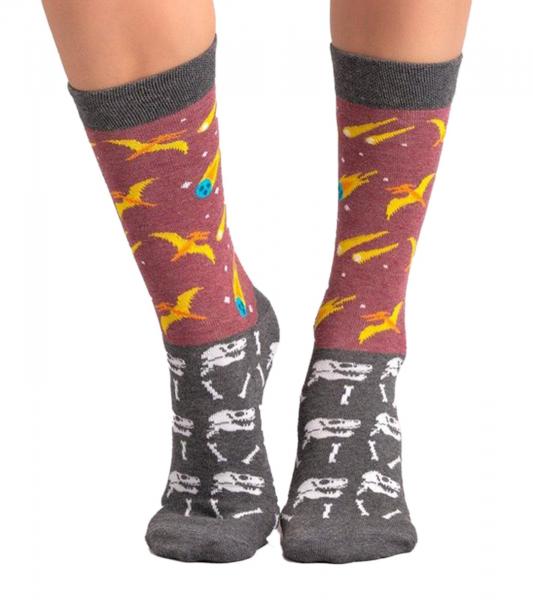 1 Paar Moustard Extinction Baumwoll-Socken mit Kometen und Dinosauriern gemusterte lange Str&uuml;mpfe 18S-EXT Grau/Rosa/Bunt