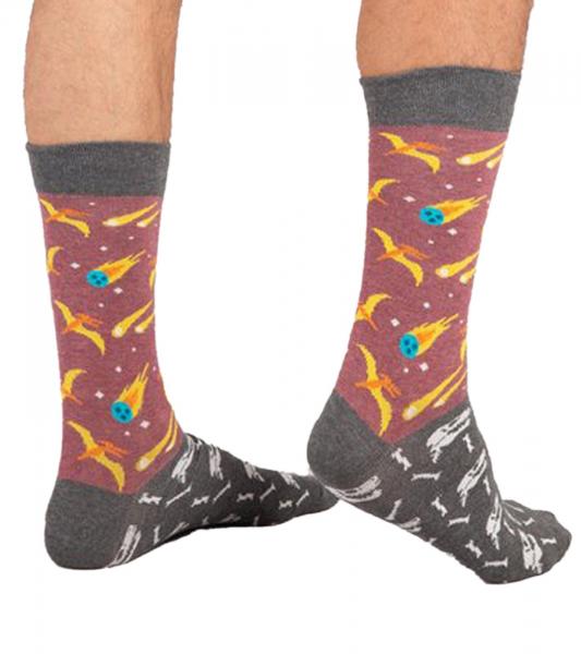 1 Paar Moustard Extinction Baumwoll-Socken mit Kometen und Dinosauriern gemusterte lange Str&uuml;mpfe 18S-EXT Grau/Rosa/Bunt