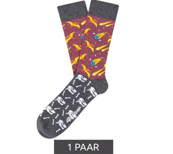 1 Paar Moustard Extinction Baumwoll-Socken mit Kometen und Dinosauriern gemusterte lange Str&uuml;mpfe 18S-EXT Grau/Rosa/Bunt