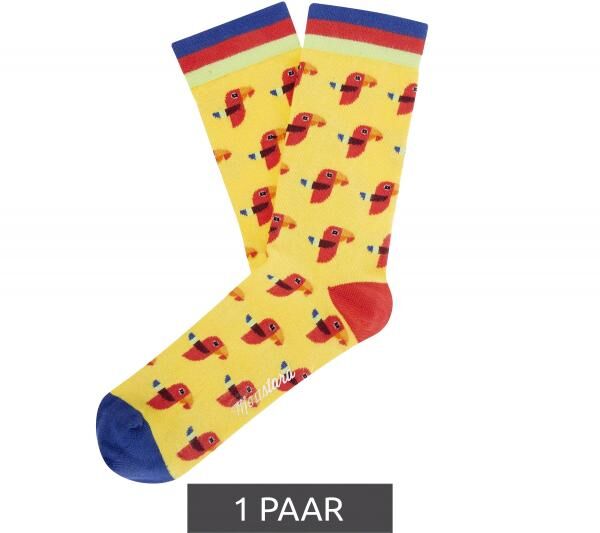 1 Paar Moustard Parrot Baumwoll-Socken mit Papageien-Print gemusterte lange Str&uuml;mpfe 17S-PARR Gelb/Rot/Blau