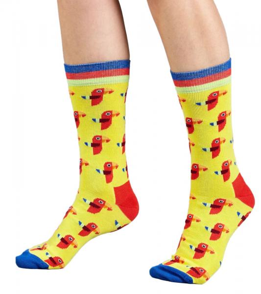 1 Paar Moustard Parrot Baumwoll-Socken mit Papageien-Print gemusterte lange Str&uuml;mpfe 17S-PARR Gelb/Rot/Blau