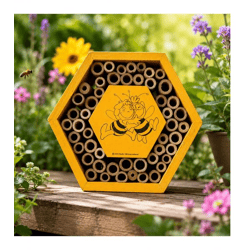 Maya the Bee & Willi Bee Hotel in a honeycomb design with many natural bamboo tubes Insect Hotel 15.5 x 11.8 x 17.8 cm Yellow