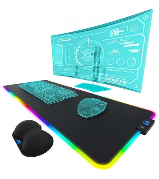 Everlasting Comfort RGB Mauspad Gaming Unterlage mit LED-Beleuchtung, Handgelenkstütze und Farbwechselmodus großes Mouse-Pad 80x30cm Gami