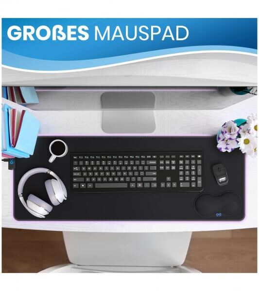 Everlasting Comfort RGB Mauspad Gaming Unterlage mit LED-Beleuchtung, Handgelenkstütze und Farbwechselmodus großes Mouse-Pad 80x30cm Gami