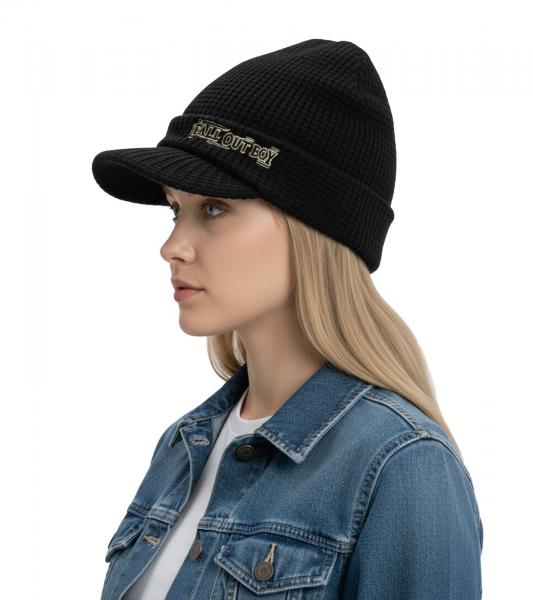 Fall Out Boy Unisex Schirm-M&uuml;tze mit "Fall Out Boy" Stickerei Schirm-Beanie Strick-M&uuml;tze KC103261FOB Schwarz