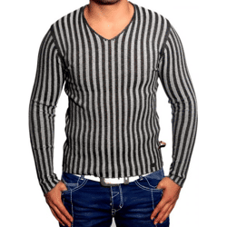 Modern Men's Knit Sweater with Striped Pattern, Slim Fit, V-Neck, Sweater 3174, Gray