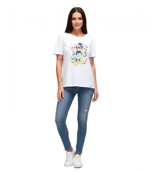 RE:COVERED X Disney Damen nachhaltiges T-Shirt mit Mickey Mouse Aufdruck in Pastell-Farben Baumwoll-Shirt Rundhals-Shirt RCDIF2072 Wei&szlig;