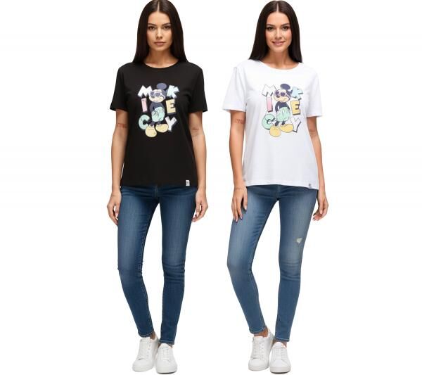 RE:COVERED X Disney Damen nachhaltiges T-Shirt mit Mickey Mouse Aufdruck in Pastell-Farben Baumwoll-Shirt Rundhals-Shirt RCDIF207 Weiß ode