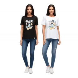 RE:COVERED X Disney Damen nachhaltiges T-Shirt mit Mickey Mouse Aufdruck in Pastell-Farben Baumwoll-Shirt Rundhals-Shirt RCDIF207 Weiß ode