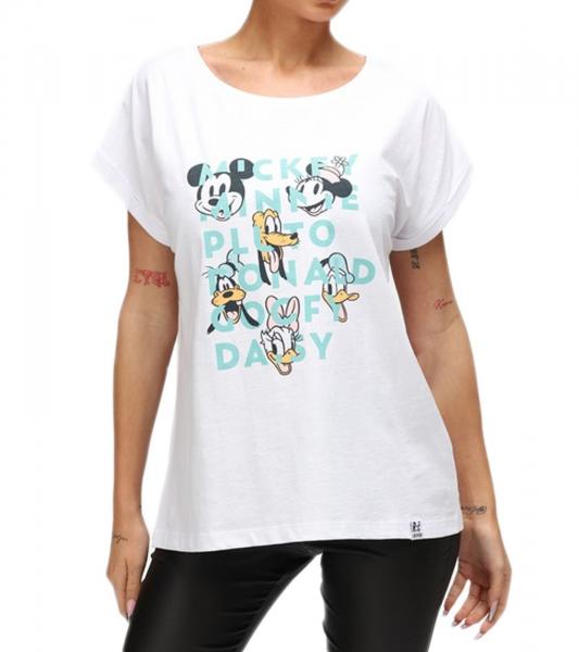 RE:COVERED X Disney Damen T-Shirt mit Mickey Mouse and Friends Aufdruck Baumwoll-Shirt Rundhals-Shirt RCDIF2065 Wei&szlig;