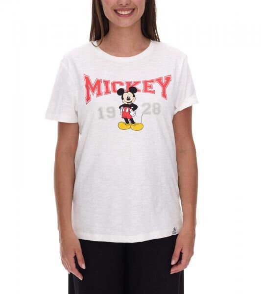RE:COVERED X Disney Damen T-Shirt mit Mickey Mouse Print Baumwoll-Shirt Rundhals-Shirt MMDIS2587 Wollwei&szlig;